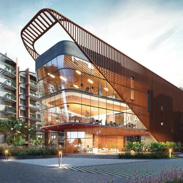 CKPC Winds of Change, Yelahanka Clubhouse with a sloping timber facade at CKPC Winds of Change, developer render